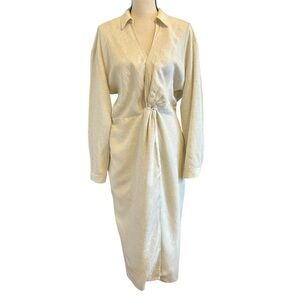 Anthropologie Midi Dress Cream Ecru Long-Sleeve Linen Blend Faux Wrap size US 12